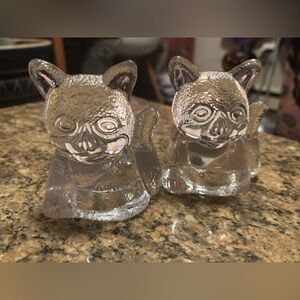 VINTAGE PartyLite Textured Glass Cat Candle Holder Pair Rare Clear Crystal-Look